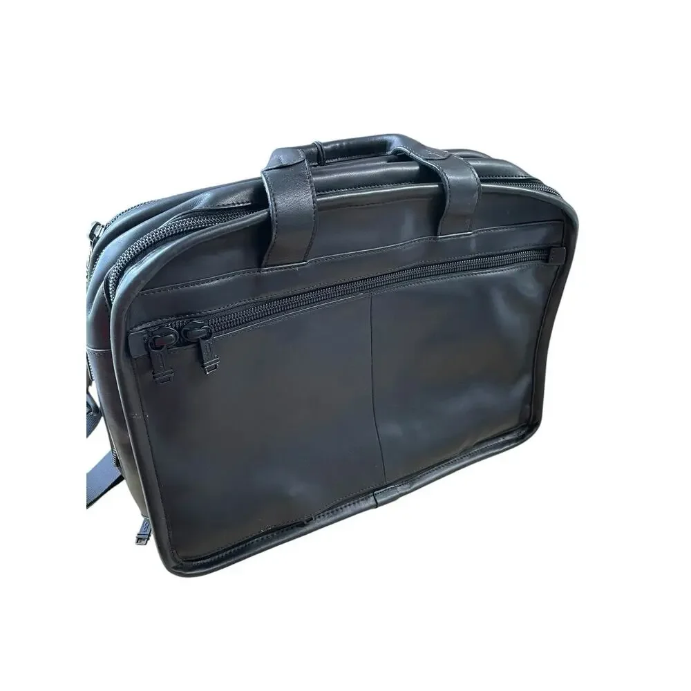 TUMI Black Leather Expandable Organizer Briefcase + Cord Pouch & Dust Bag